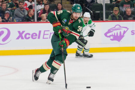 Nov 12, 2023; Saint Paul, Minnesota, USA; Minnesota Wild right wing Mats Zuccarello (36) in action against the Dallas Stars in the third period at Xcel Energy Center.