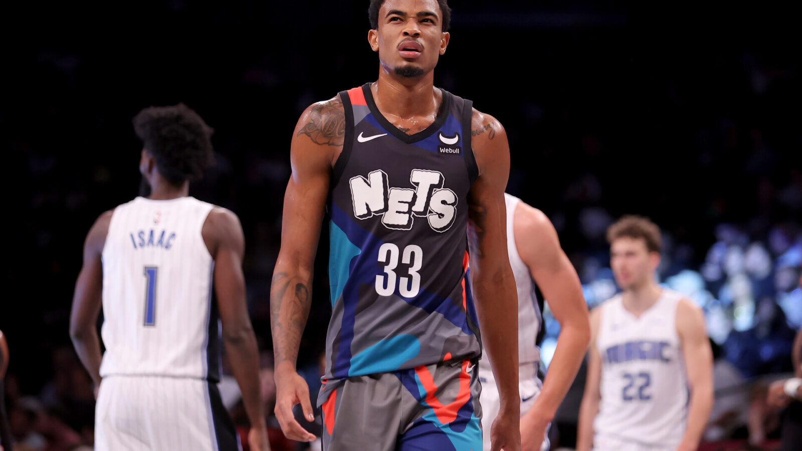 Brooklyn Nets center Nic Claxton (33) reacts during the fourth quarter against the Orlando Magic at Barclays Center.