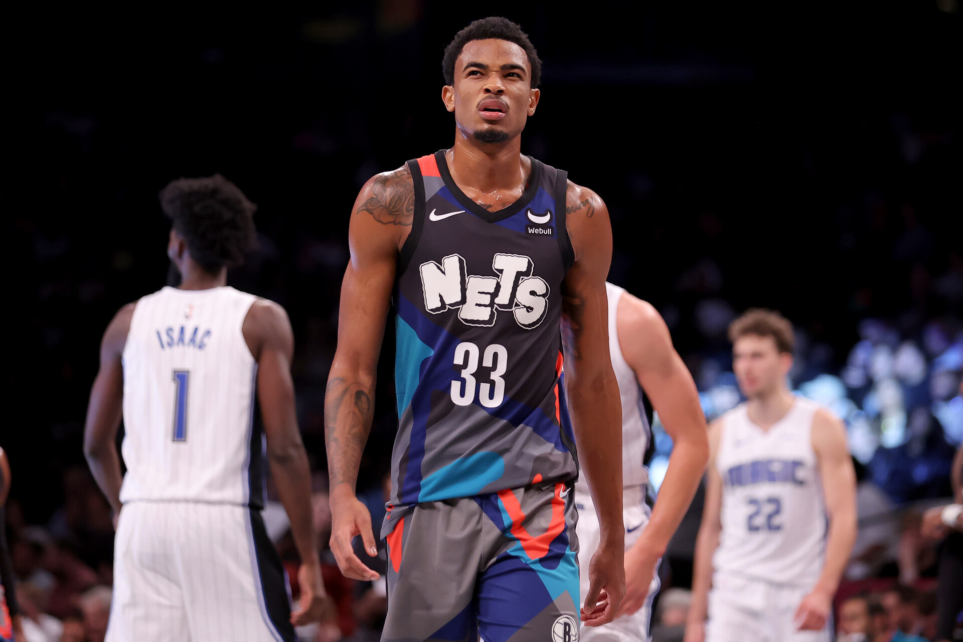 Brooklyn Nets center Nic Claxton (33) reacts during the fourth quarter against the Orlando Magic at Barclays Center.