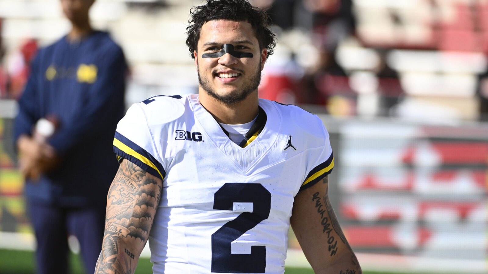 Nov 18, 2023; College Park, Maryland, USA; Michigan Wolverines running back Blake Corum (2) on the field before the game against Maryland at SECU Stadium.