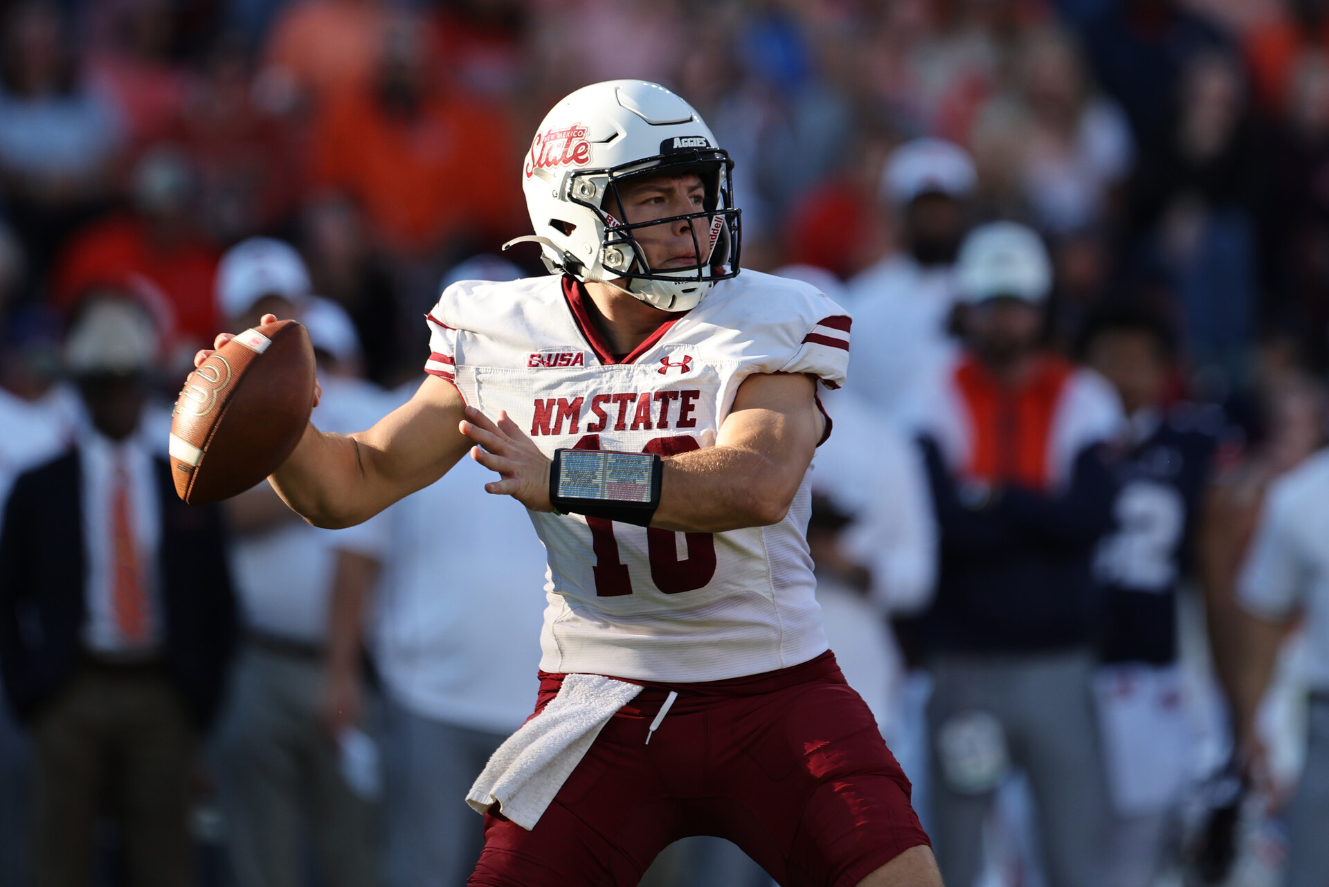 Nov 18, 2023; Auburn, Alabama, USA; New Mexico State Aggies quarterback Diego Pavia (10) drops back to pass against the Auburn Tigers during the first quarter at Jordan-Hare Stadium.