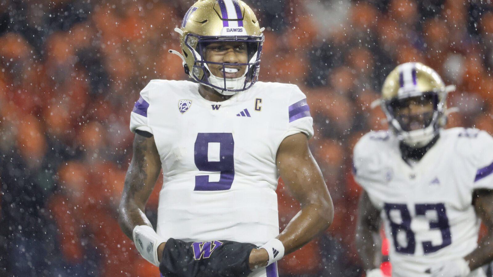 Nov 18, 2023; Corvallis, Oregon, USA; Washington Huskies quarterback Michael Penix Jr. (9) looks on during the first half against the Oregon State Beavers at Reser Stadium.