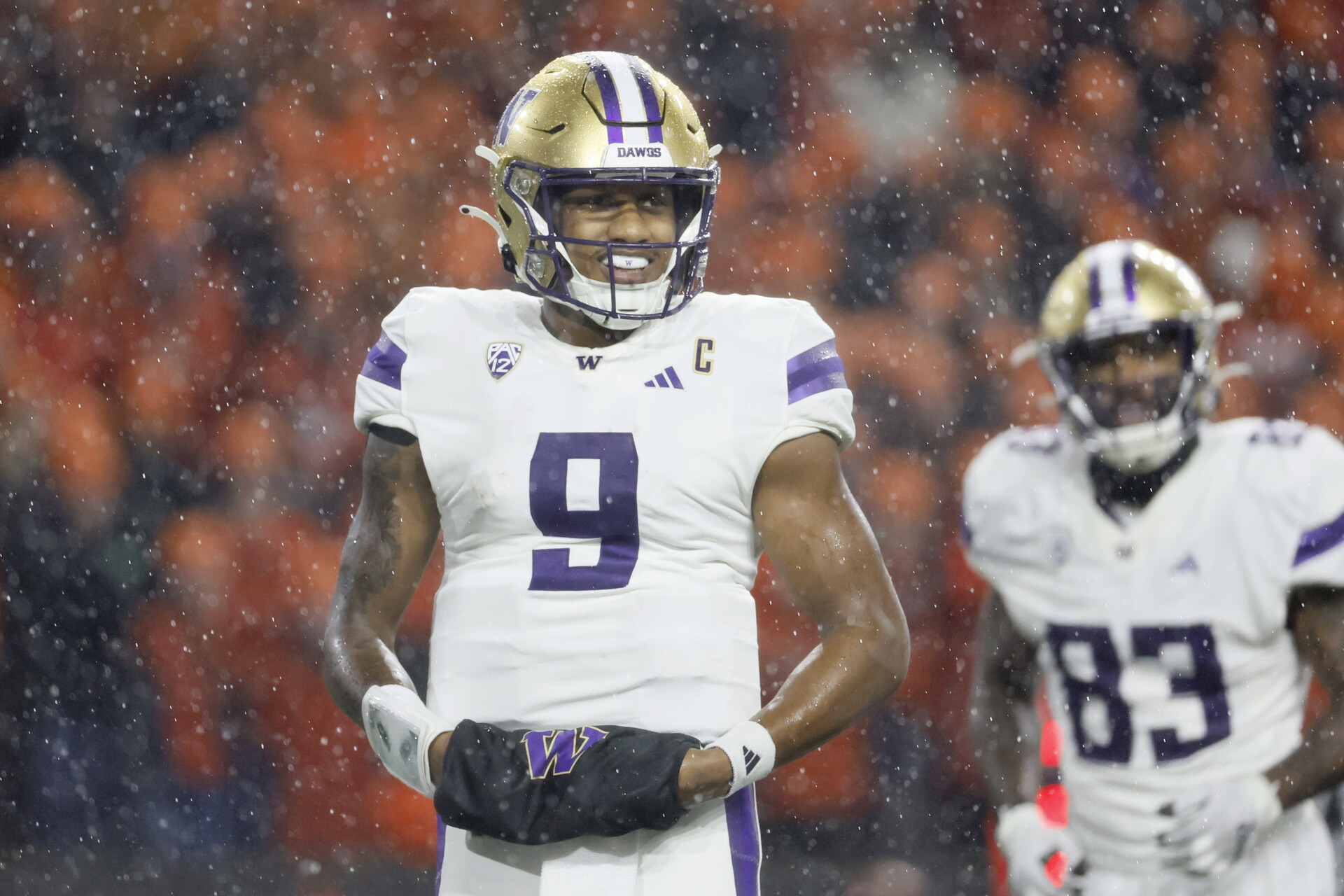 Nov 18, 2023; Corvallis, Oregon, USA; Washington Huskies quarterback Michael Penix Jr. (9) looks on during the first half against the Oregon State Beavers at Reser Stadium.