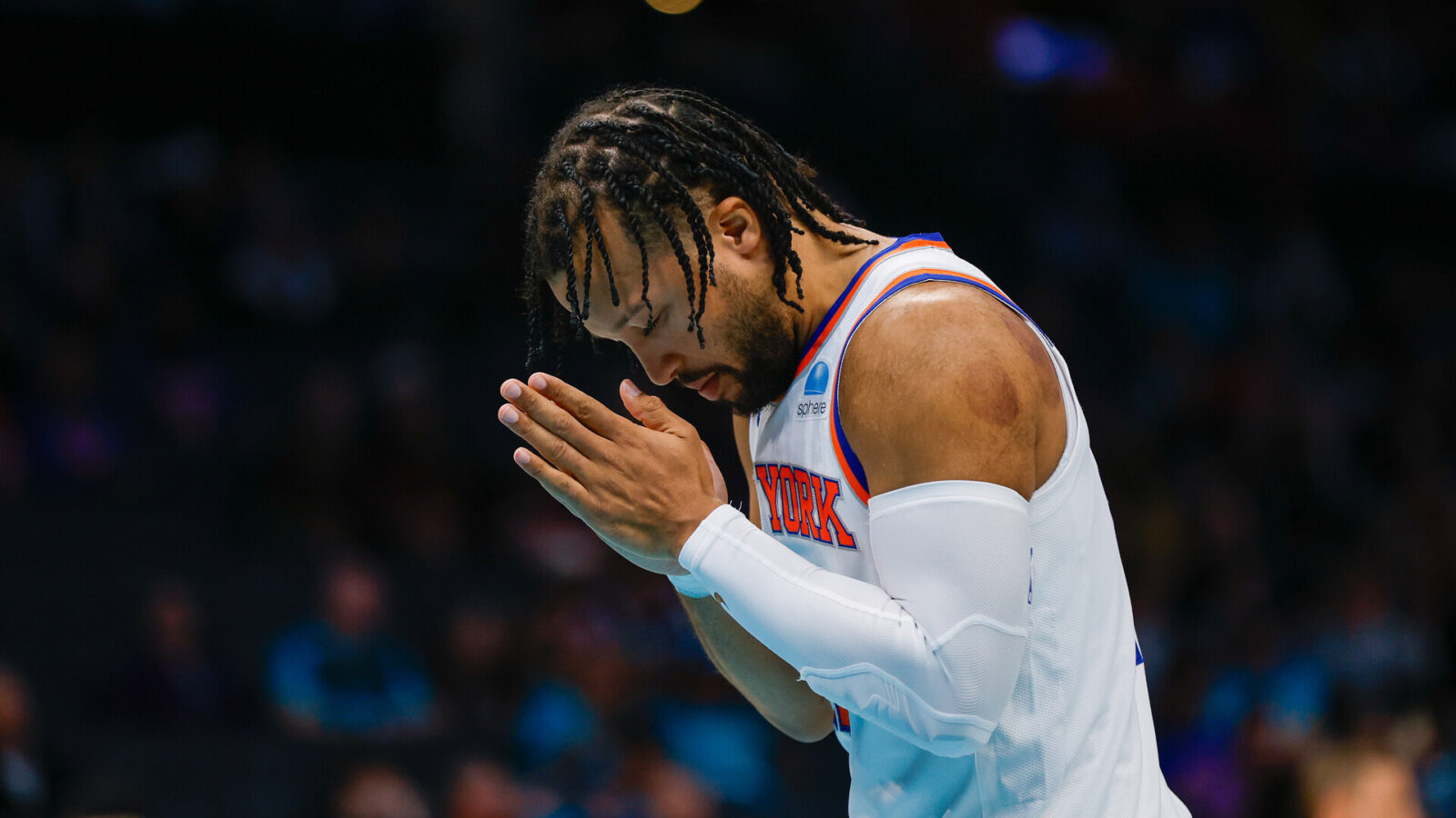 Nov 18, 2023; Charlotte, North Carolina, USA; New York Knicks guard Jalen Brunson (11) pauses for a moment before the start of the game against the Charlotte Hornets at Spectrum Center.