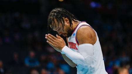Nov 18, 2023; Charlotte, North Carolina, USA; New York Knicks guard Jalen Brunson (11) pauses for a moment before the start of the game against the Charlotte Hornets at Spectrum Center.