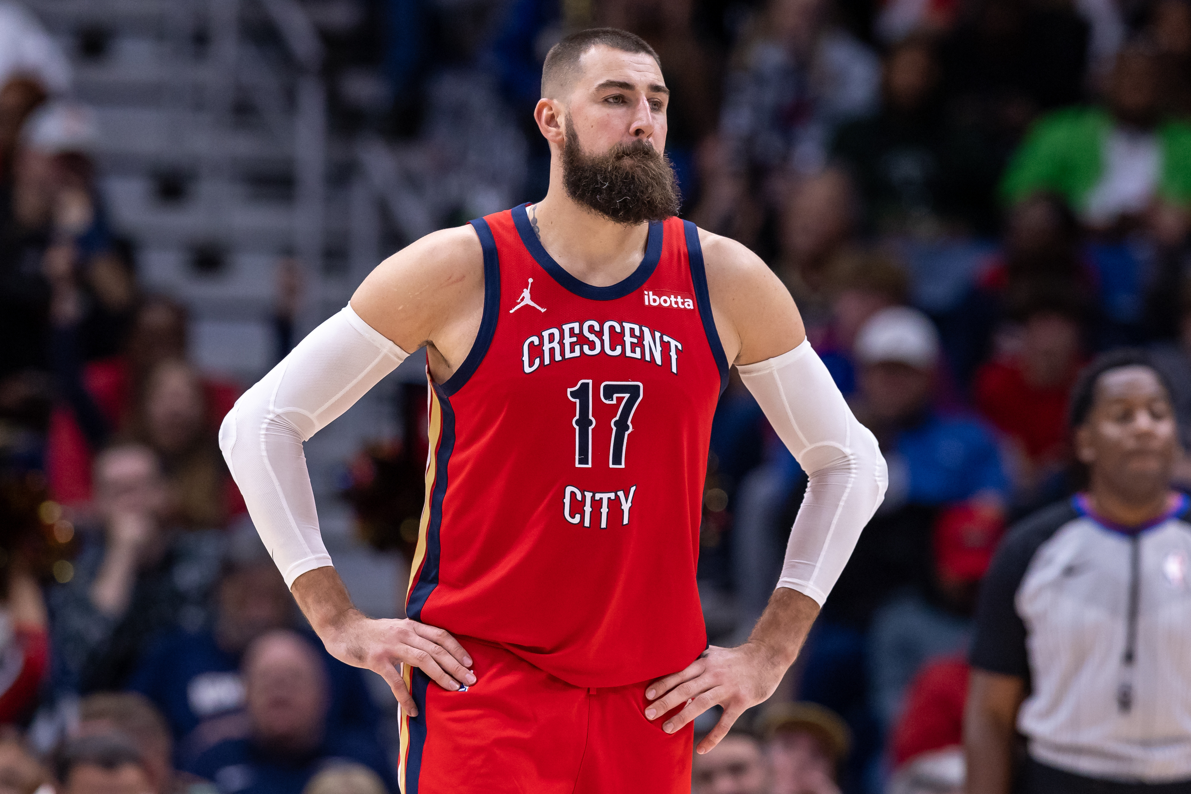 New Orleans Pelicans center Jonas Valanciunas (17) looks on against the Minnesota Timberwolves during the second half at the Smoothie King Center.