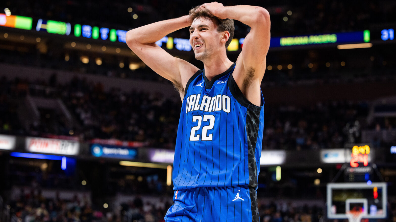 Nov 19, 2023; Indianapolis, Indiana, USA; Orlando Magic forward Franz Wagner (22) reacts to a made slam dunk in the first half against the Indiana Pacers at Gainbridge Fieldhouse.