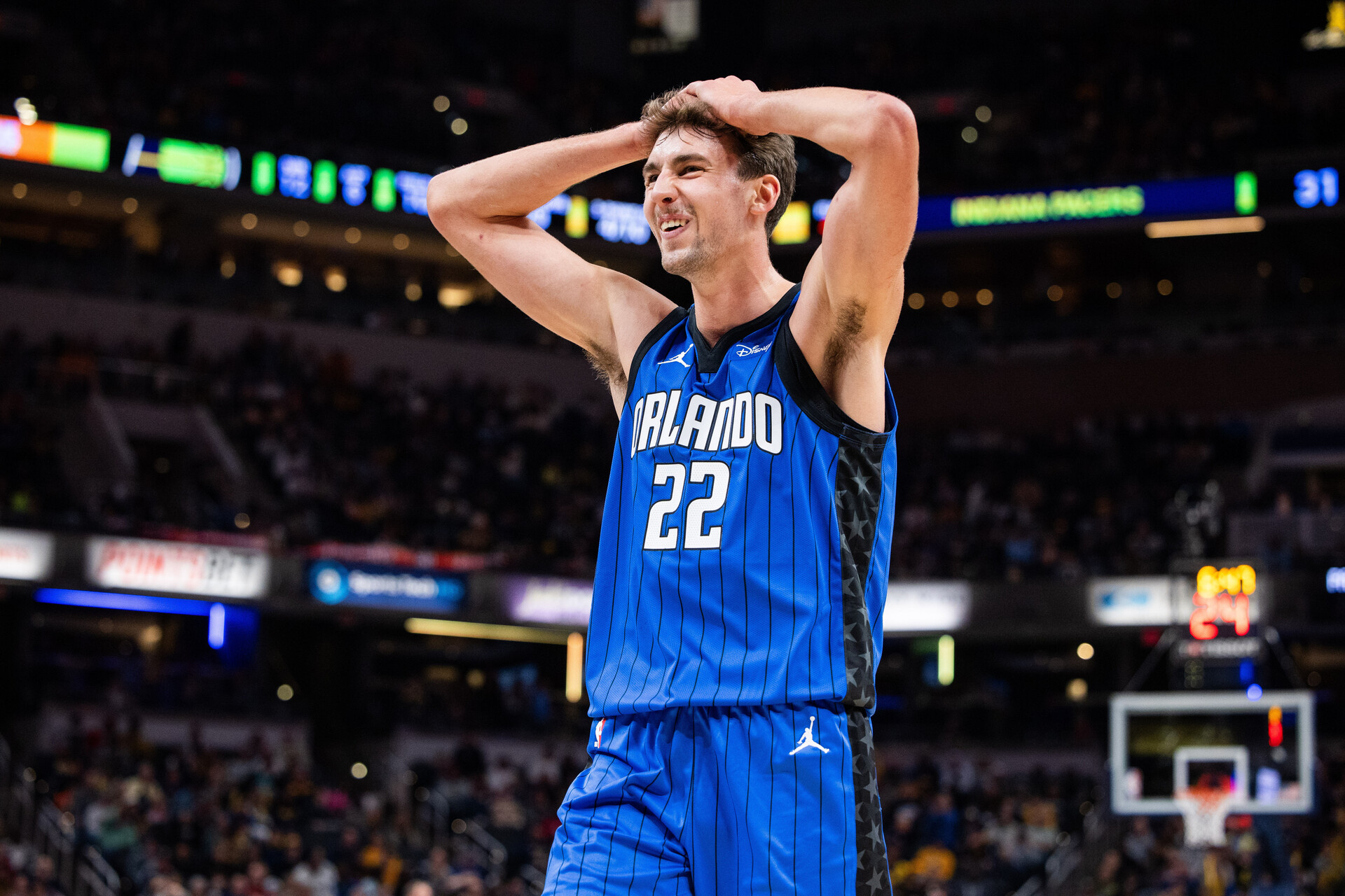 Nov 19, 2023; Indianapolis, Indiana, USA; Orlando Magic forward Franz Wagner (22) reacts to a made slam dunk in the first half against the Indiana Pacers at Gainbridge Fieldhouse.