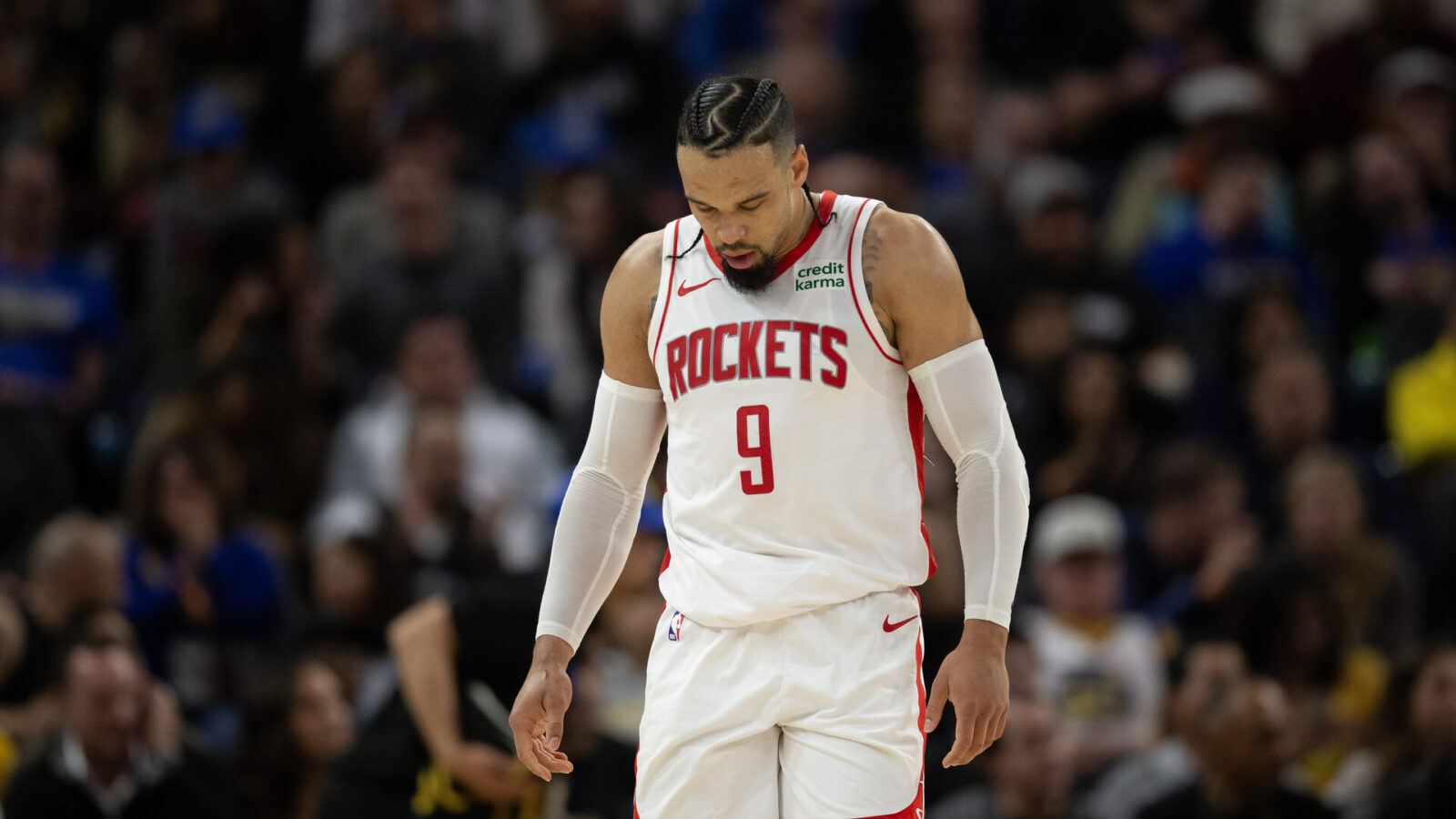 Nov 20, 2023; San Francisco, California, USA; Houston Rockets guard Dillon Brooks (9) looks down against the Golden State Warriors during the fourth quarter at Chase Center.