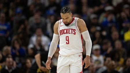 Nov 20, 2023; San Francisco, California, USA; Houston Rockets guard Dillon Brooks (9) looks down against the Golden State Warriors during the fourth quarter at Chase Center.