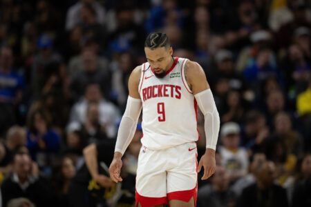 Nov 20, 2023; San Francisco, California, USA; Houston Rockets guard Dillon Brooks (9) looks down against the Golden State Warriors during the fourth quarter at Chase Center.