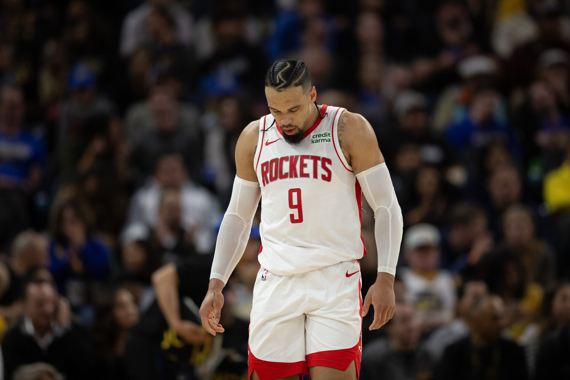 Nov 20, 2023; San Francisco, California, USA; Houston Rockets guard Dillon Brooks (9) looks down against the Golden State Warriors during the fourth quarter at Chase Center.