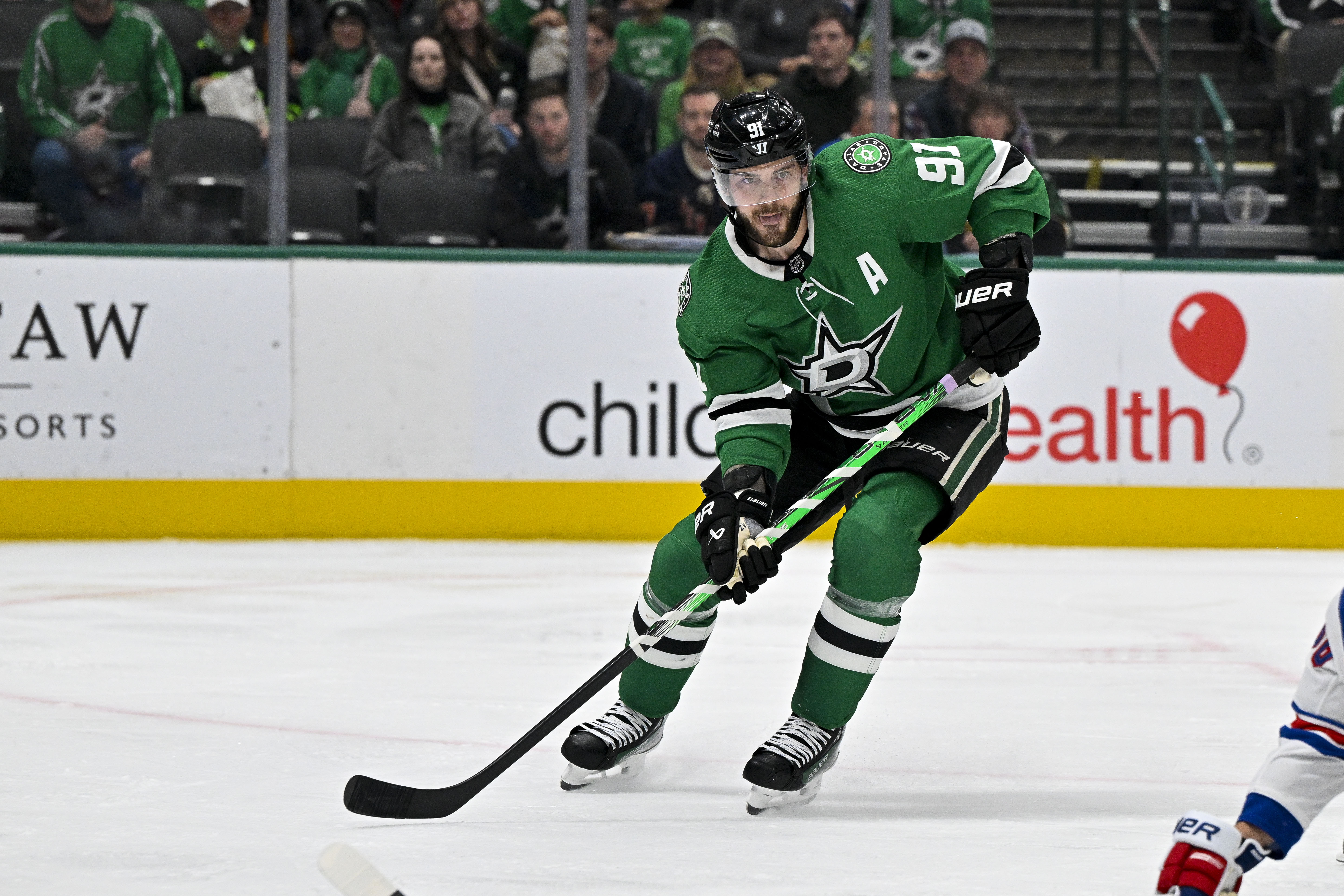 Nov 20, 2023; Dallas, Texas, USA; Dallas Stars center Tyler Seguin (91) in action during the game between the Dallas Stars and the New York Rangers at the American Airlines Center.