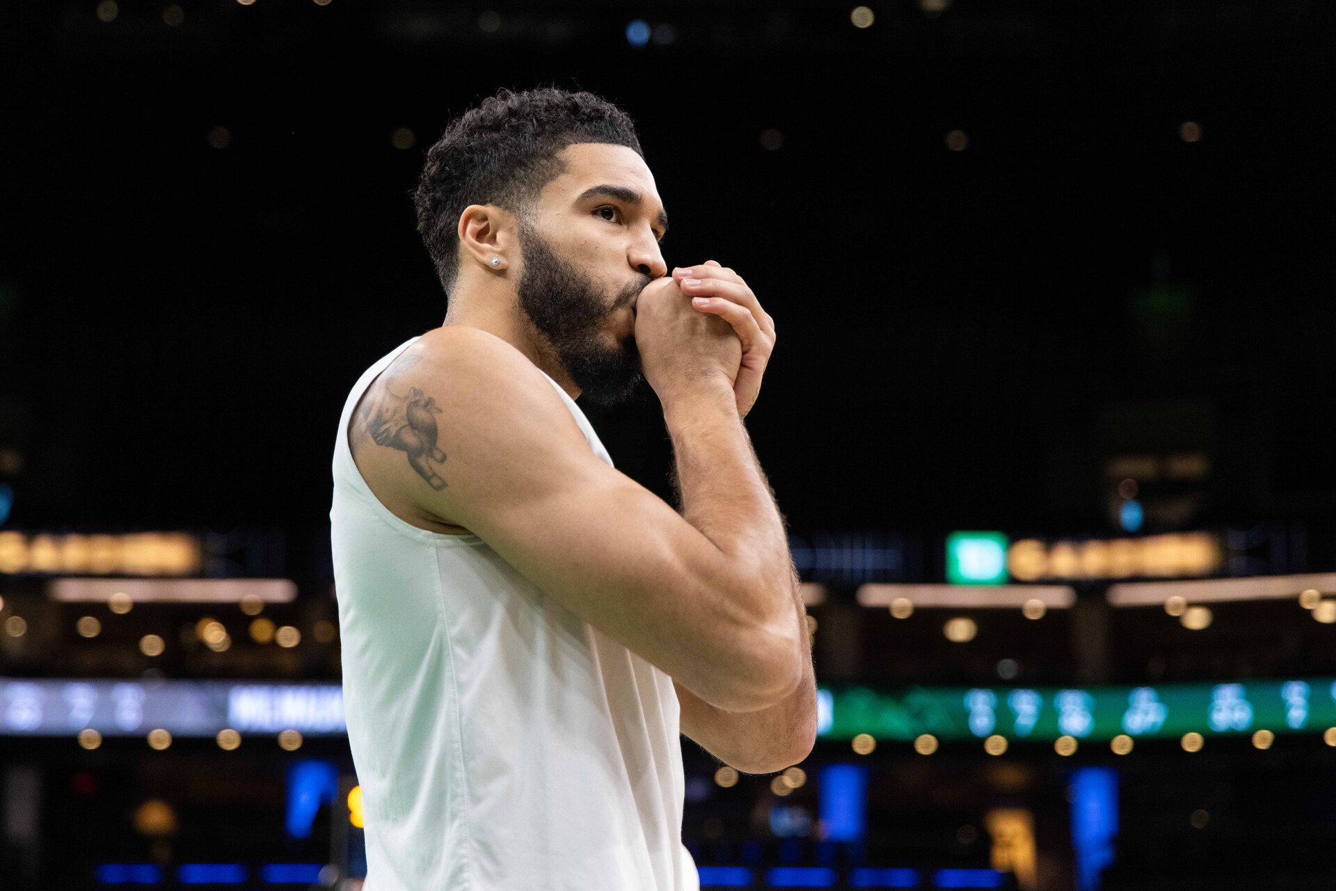 Nov 22, 2023; Boston, Massachusetts, USA; Boston Celtics forward Jayson Tatum (0) warms up before playing against the Milwaukee Bucks at TD Garden.