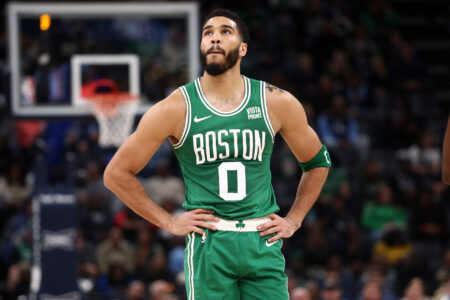 Nov 19, 2023; Memphis, Tennessee, USA; Boston Celtics forward Jayson Tatum (0) reacts during the first half against the Memphis Grizzlies at FedExForum.