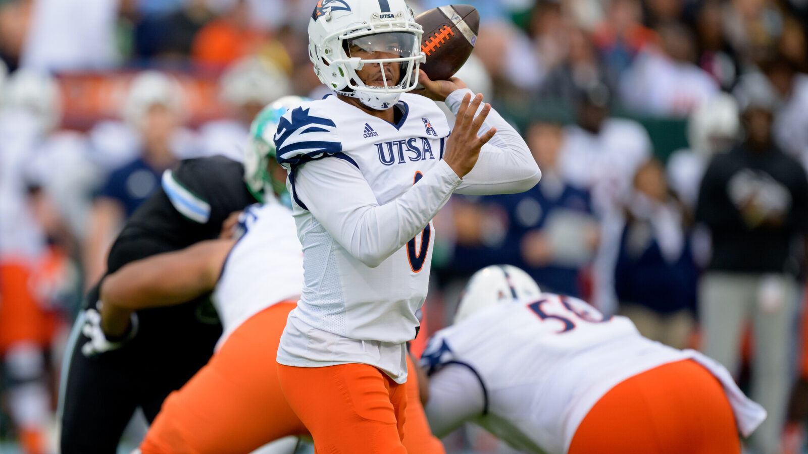 Nov 24, 2023; New Orleans, Louisiana, USA; UTSA Roadrunners quarterback Frank Harris (0) throws a pass during the first half against the Tulane Green Wave at Yulman Stadium.