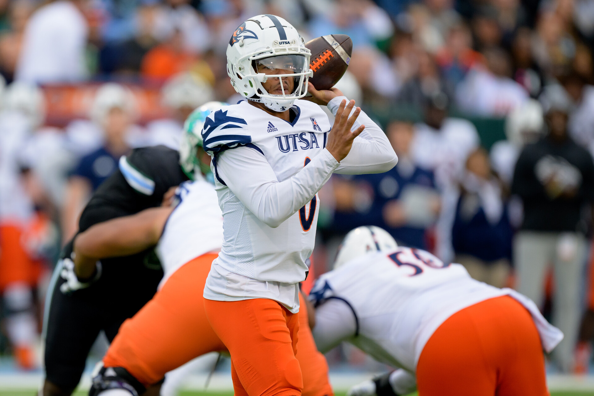 Nov 24, 2023; New Orleans, Louisiana, USA; UTSA Roadrunners quarterback Frank Harris (0) throws a pass during the first half against the Tulane Green Wave at Yulman Stadium.