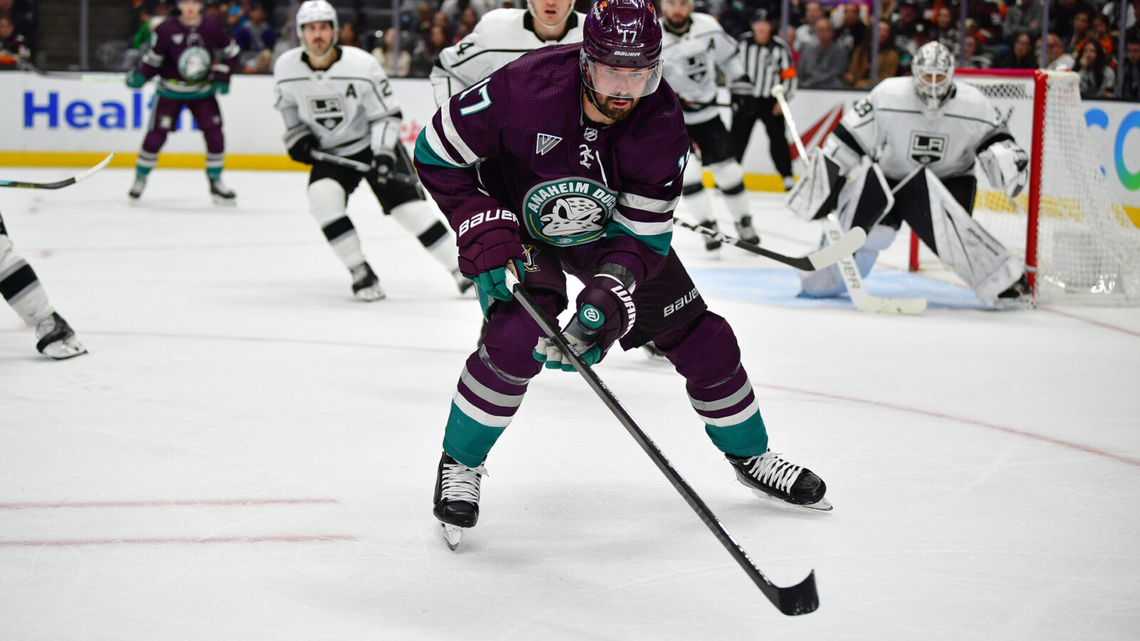 Nov 24, 2023; Anaheim, California, USA; Anaheim Ducks left wing Alex Killorn (17) controls the puck against the Los Angeles Kings during the second period at Honda Center.