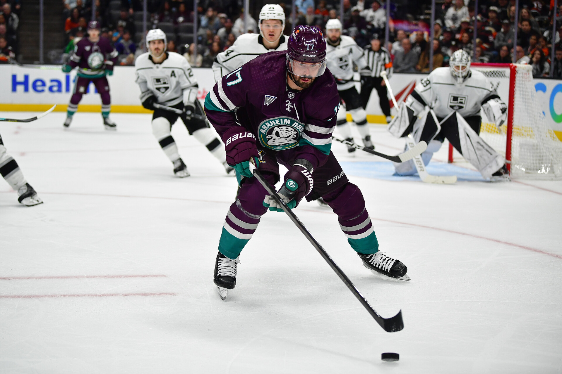 Nov 24, 2023; Anaheim, California, USA; Anaheim Ducks left wing Alex Killorn (17) controls the puck against the Los Angeles Kings during the second period at Honda Center.