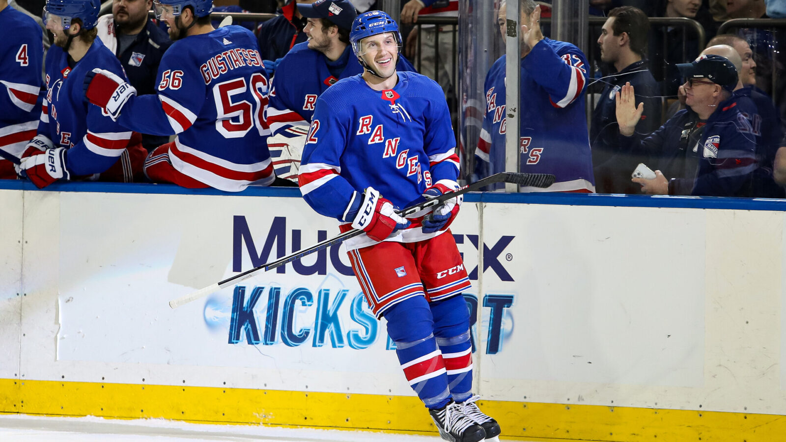 Nov 25, 2023; New York, New York, USA; New York Rangers center Nick Bonino (12) celebrates after his goal against the Boston Bruins during the first period at Madison Square Garden.