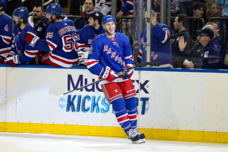 Nov 25, 2023; New York, New York, USA; New York Rangers center Nick Bonino (12) celebrates after his goal against the Boston Bruins during the first period at Madison Square Garden.