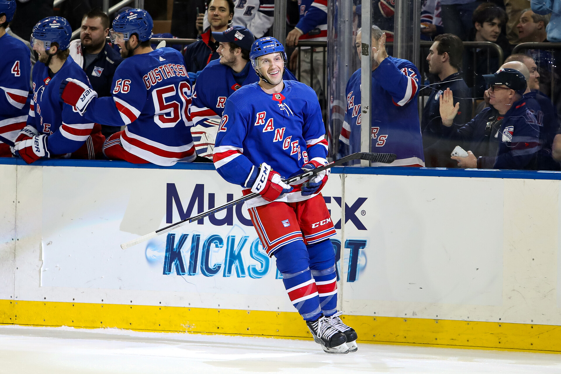 Nov 25, 2023; New York, New York, USA; New York Rangers center Nick Bonino (12) celebrates after his goal against the Boston Bruins during the first period at Madison Square Garden.