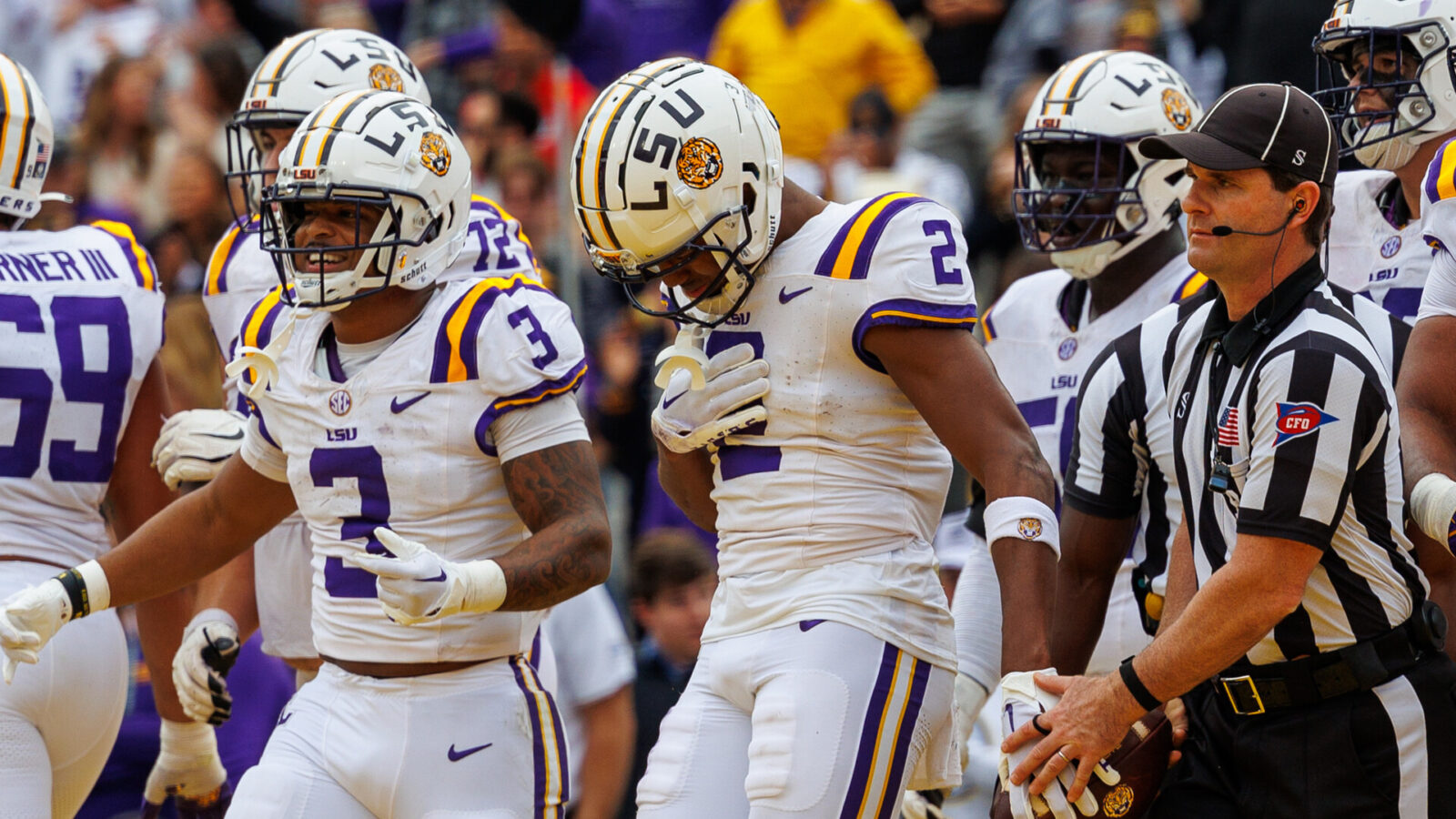 LSU Tigers wide receiver Kyren Lacy (2) reacts to scoring. Touchdown against the Texas A&M Aggies during the second half at Tiger Stadium.