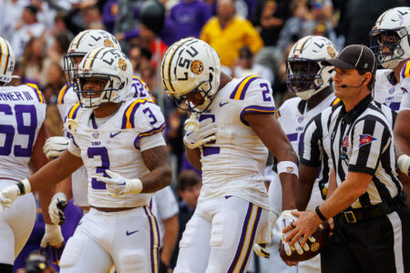 LSU Tigers wide receiver Kyren Lacy (2) reacts to scoring. Touchdown against the Texas A&M Aggies during the second half at Tiger Stadium.