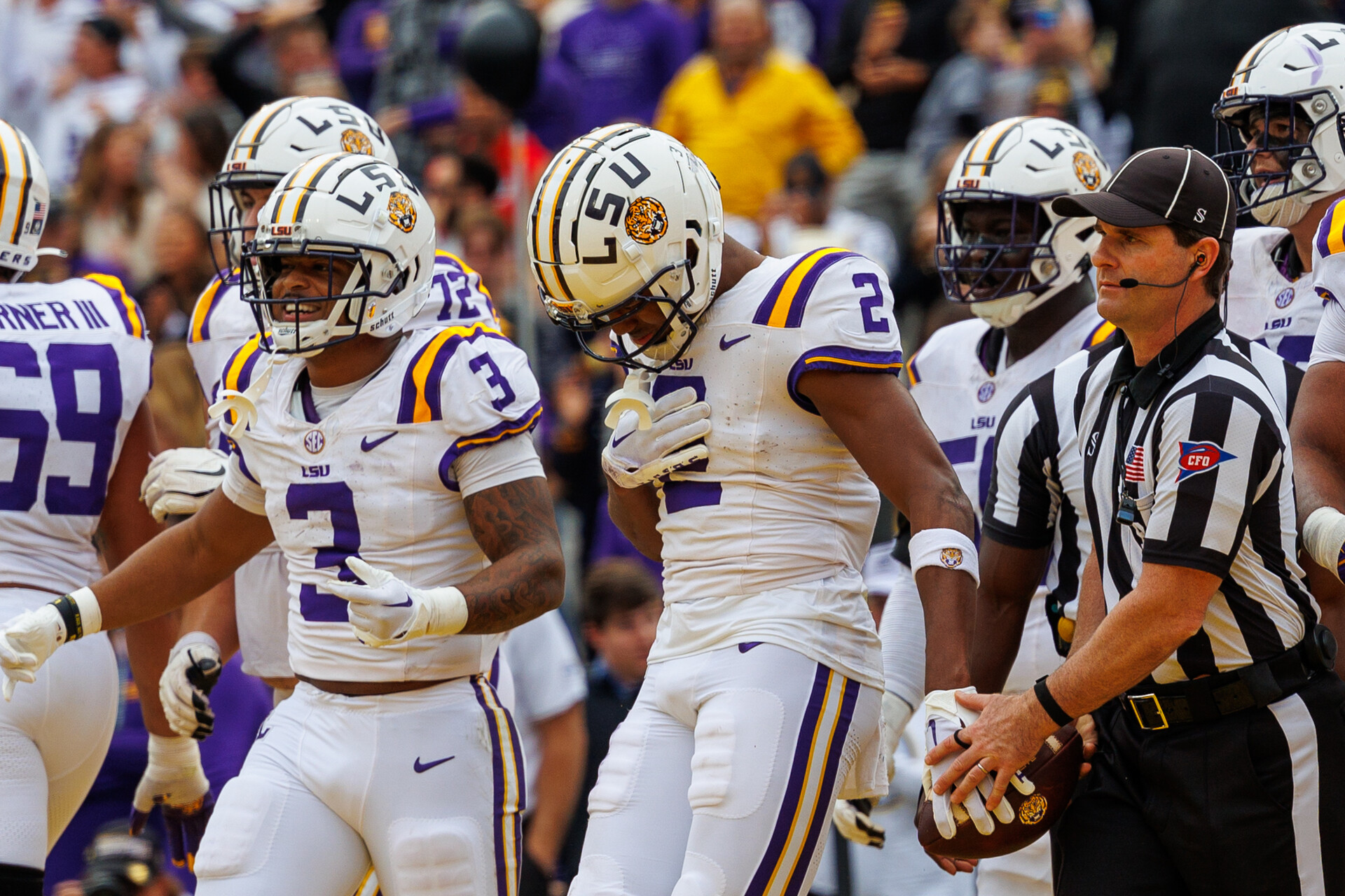 LSU Tigers wide receiver Kyren Lacy (2) reacts to scoring. Touchdown against the Texas A&M Aggies during the second half at Tiger Stadium.