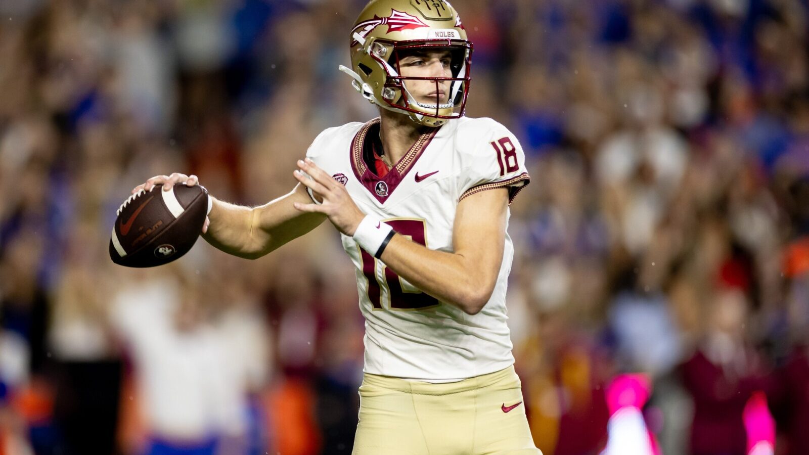 Florida State Seminoles quarterback Tate Rodemaker (18) throws the ball during the first half against the Florida Gators at Steve Spurrier Field at Ben Hill Griffin Stadium in Gainesville, FL on Saturday, November 25, 2023.