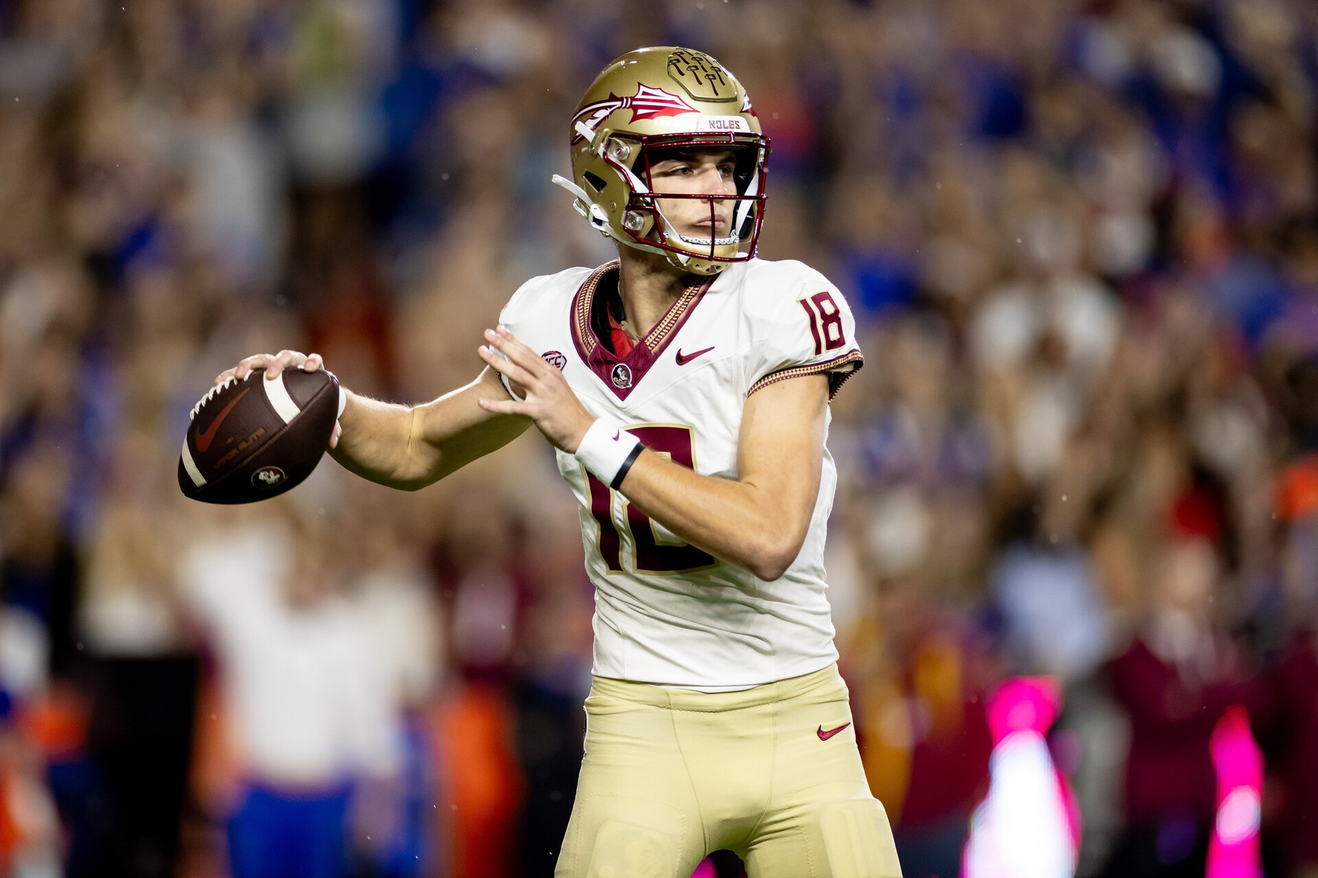 Florida State Seminoles quarterback Tate Rodemaker (18) throws the ball during the first half against the Florida Gators at Steve Spurrier Field at Ben Hill Griffin Stadium in Gainesville, FL on Saturday, November 25, 2023.