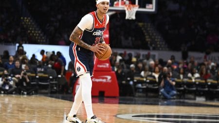 Nov 25, 2023; Washington, District of Columbia, USA; Washington Wizards forward Kyle Kuzma (33) looks on against the Atlanta Hawks during the second half at Capital One Arena.