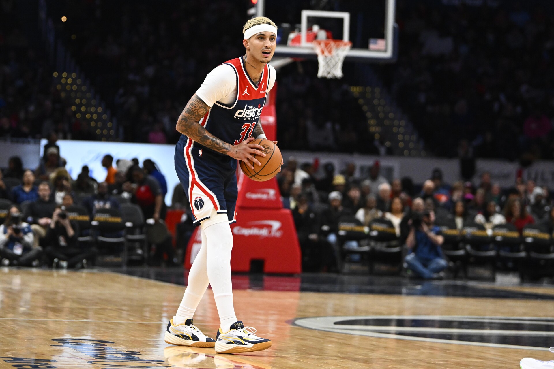 Nov 25, 2023; Washington, District of Columbia, USA; Washington Wizards forward Kyle Kuzma (33) looks on against the Atlanta Hawks during the second half at Capital One Arena.
