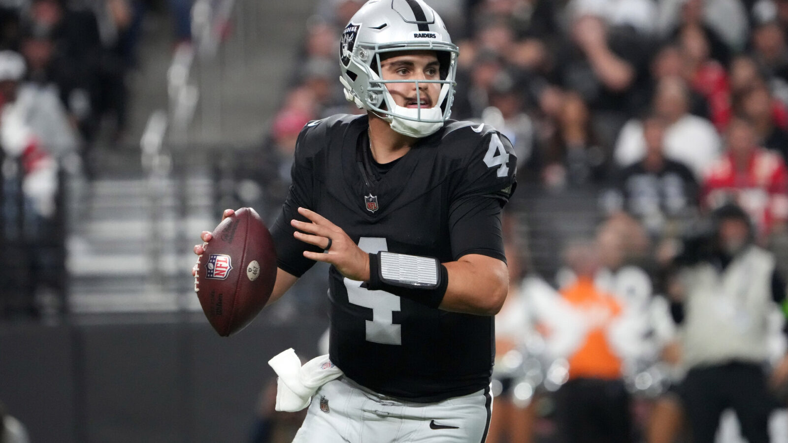 Nov 26, 2023; Paradise, Nevada, USA; Las Vegas Raiders quarterback Aidan O'Connell (4) throws the ball against the Kansas City Chiefs in the second half at Allegiant Stadium.