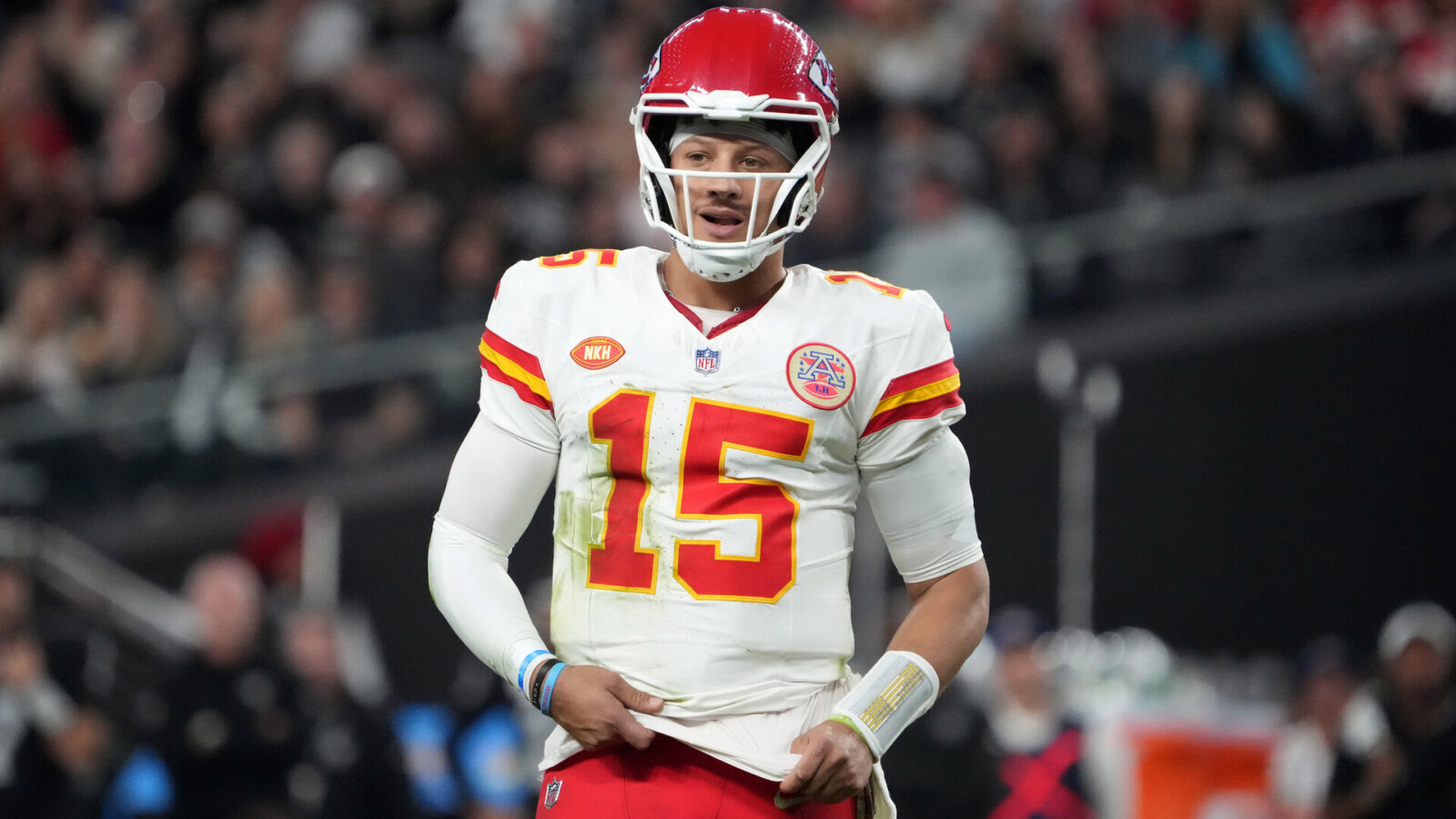 Kansas City Chiefs quarterback Patrick Mahomes (15) looks on during the second half against the Las Vegas Raiders at Allegiant Stadium.