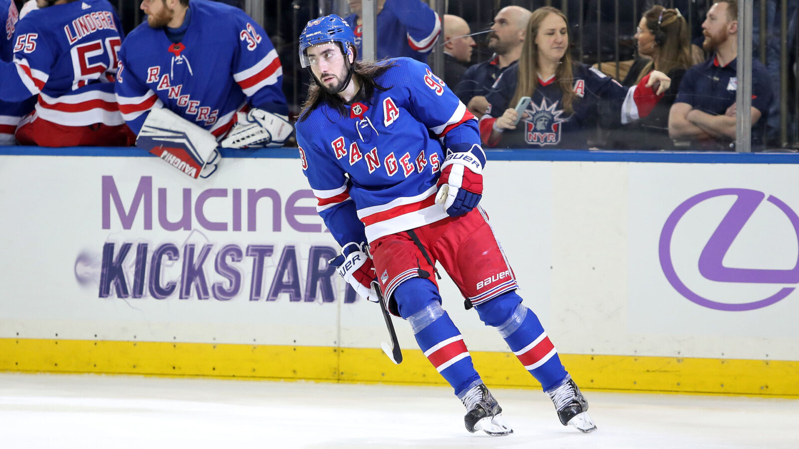 Nov 27, 2023; New York, New York, USA; New York Rangers center Mika Zibanejad (93) celebrates a goal against the Buffalo Sabres during the third period at Madison Square Garden