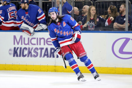 Nov 27, 2023; New York, New York, USA; New York Rangers center Mika Zibanejad (93) celebrates a goal against the Buffalo Sabres during the third period at Madison Square Garden