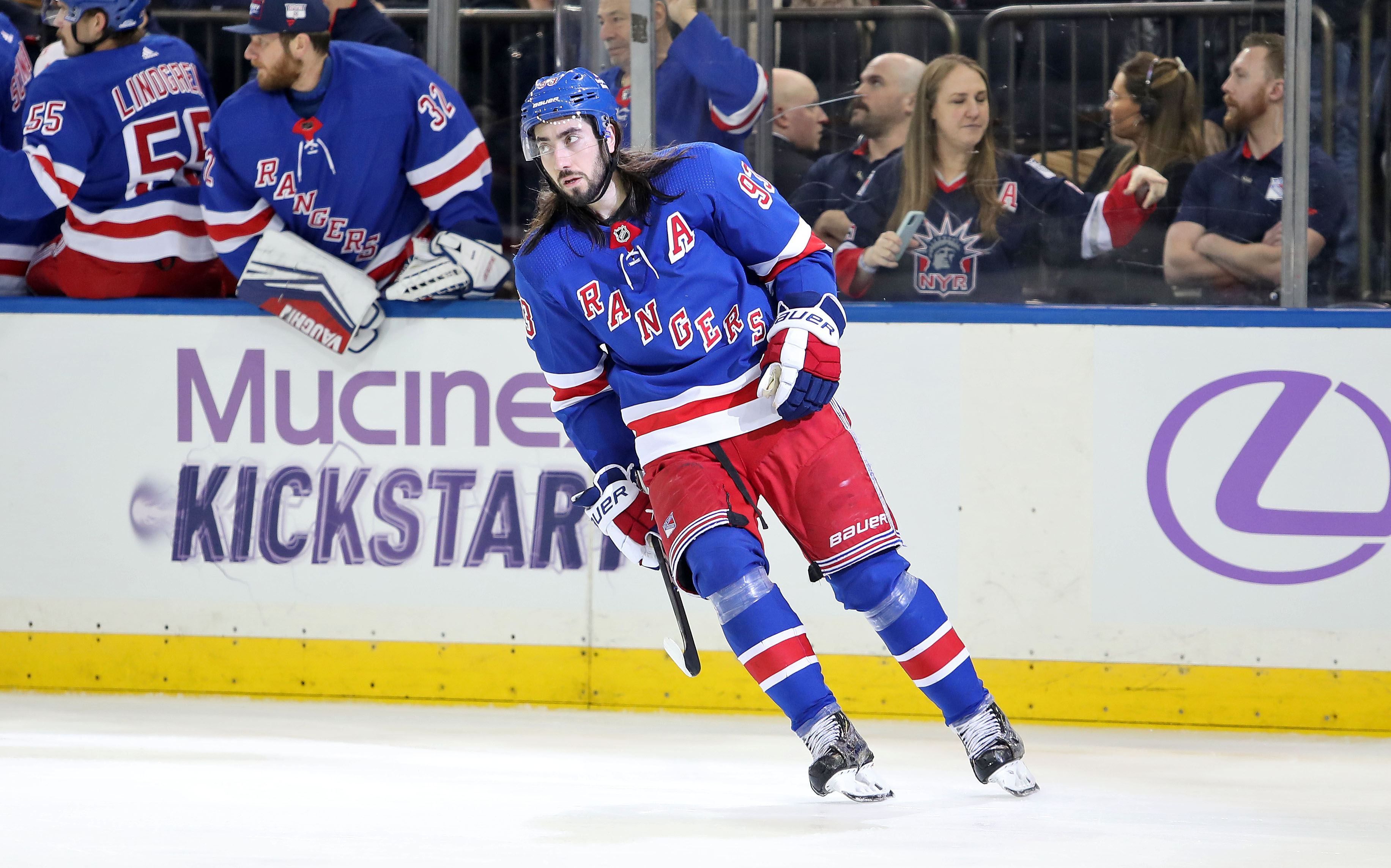 Nov 27, 2023; New York, New York, USA; New York Rangers center Mika Zibanejad (93) celebrates a goal against the Buffalo Sabres during the third period at Madison Square Garden