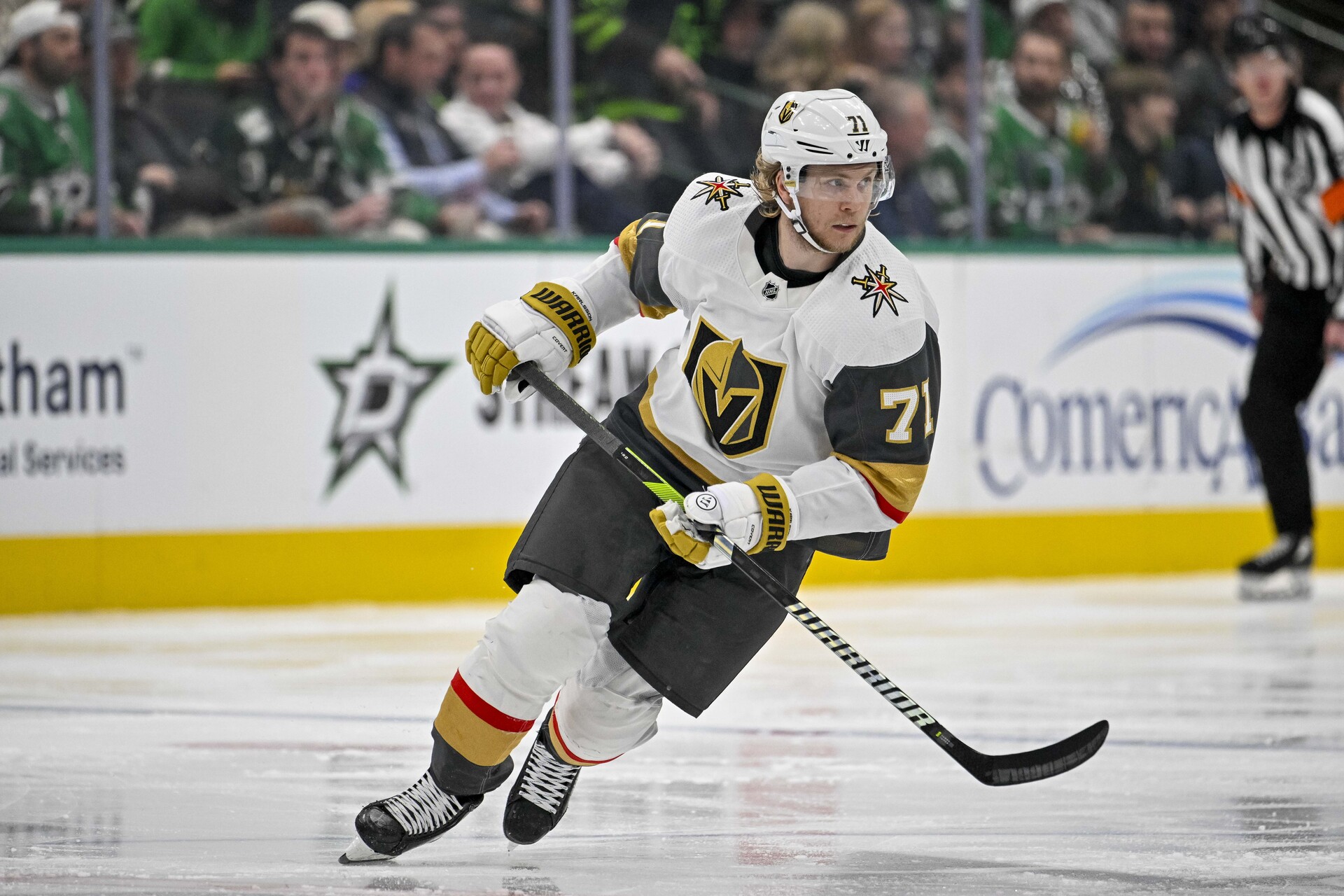 Nov 22, 2023; Dallas, Texas, USA; Vegas Golden Knights center William Karlsson (71) in action during the game between the Dallas Stars and the Vegas Golden Knights at the American Airlines Center.