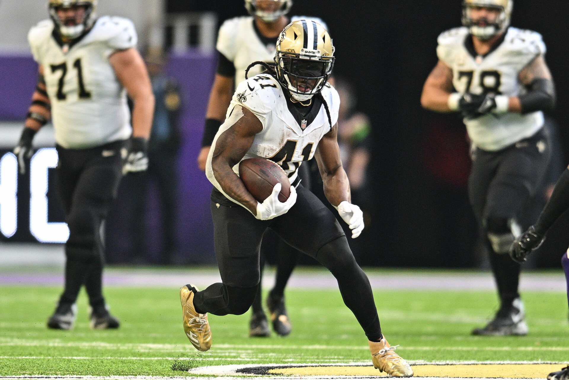 Nov 12, 2023; Minneapolis, Minnesota, USA; New Orleans Saints running back Alvin Kamara (41) in action against the Minnesota Vikings at U.S. Bank Stadium.