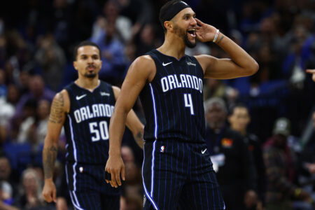 Nov 29, 2023; Orlando, Florida, USA; Orlando Magic guards Jalen Suggs (4) and Cole Anthony (50) celebrate after a basket against the Washington Wizards during the second half at Amway Center.