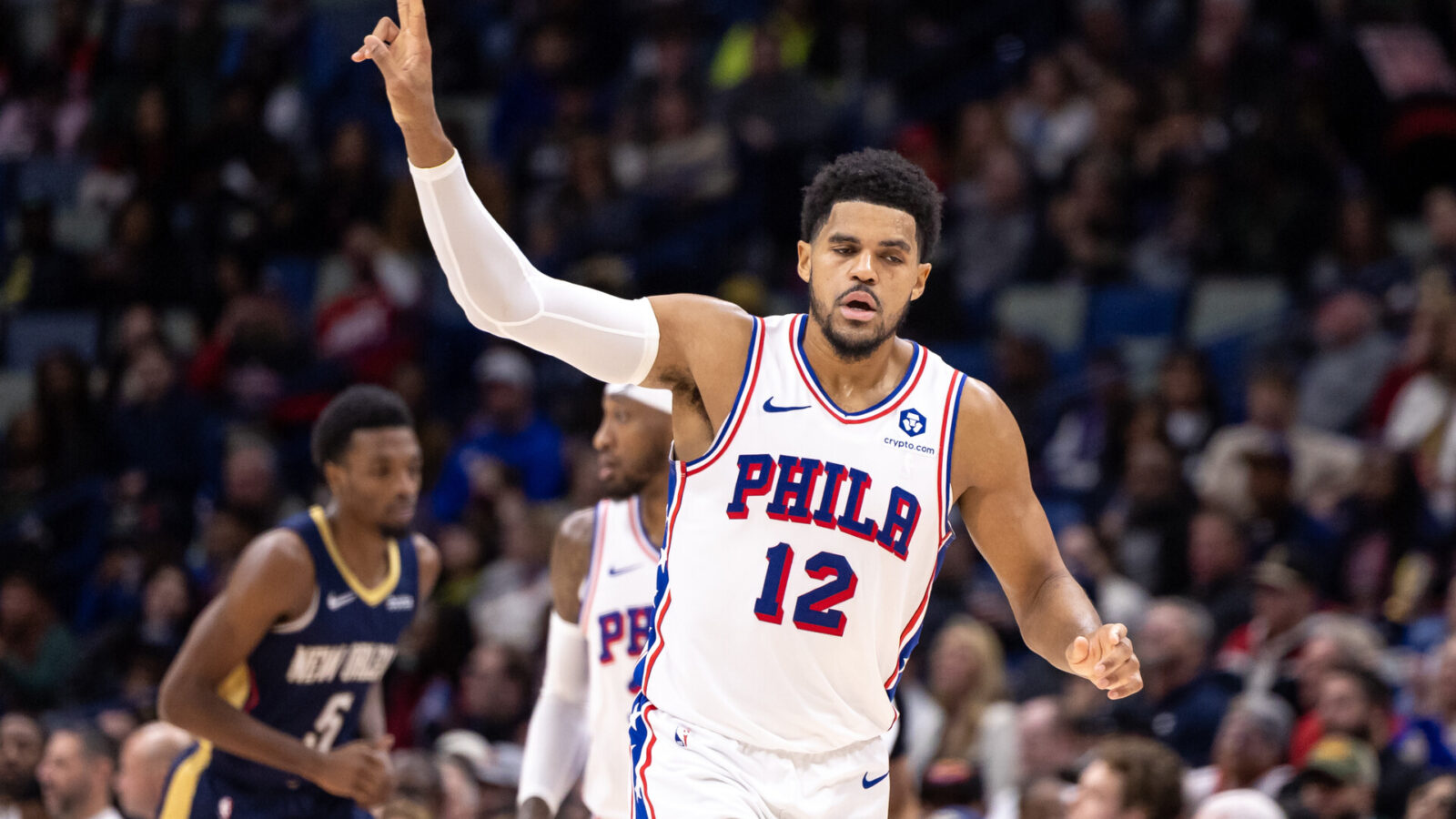 Nov 29, 2023; New Orleans, Louisiana, USA; Philadelphia 76ers forward Tobias Harris (12) reacts to making a basket against the New Orleans Pelicans during the second half at the Smoothie King Center.