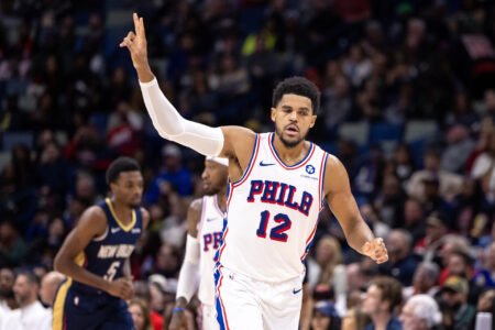 Nov 29, 2023; New Orleans, Louisiana, USA; Philadelphia 76ers forward Tobias Harris (12) reacts to making a basket against the New Orleans Pelicans during the second half at the Smoothie King Center.