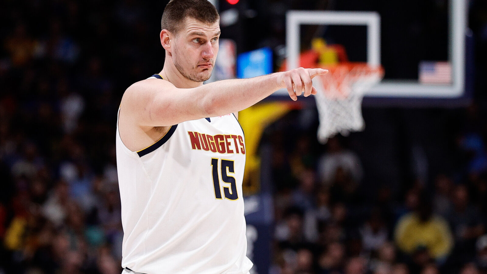 Nov 29, 2023; Denver, Colorado, USA; Denver Nuggets center Nikola Jokic (15) gestures in the fourth quarter against the Houston Rockets at Ball Arena.