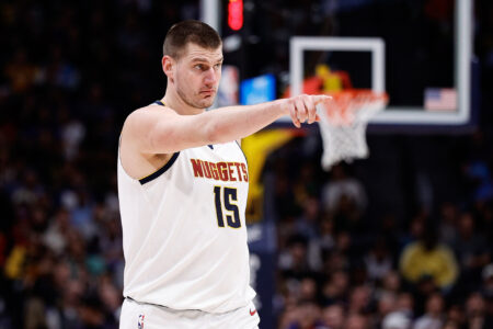 Nov 29, 2023; Denver, Colorado, USA; Denver Nuggets center Nikola Jokic (15) gestures in the fourth quarter against the Houston Rockets at Ball Arena.