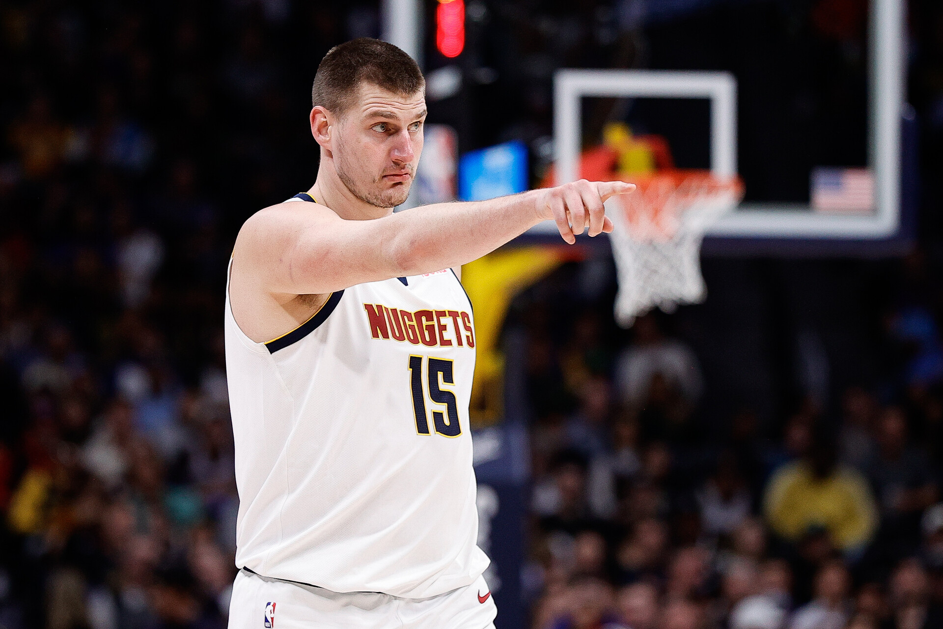 Nov 29, 2023; Denver, Colorado, USA; Denver Nuggets center Nikola Jokic (15) gestures in the fourth quarter against the Houston Rockets at Ball Arena.