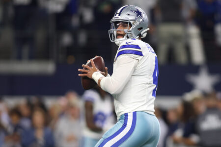 Nov 30, 2023; Arlington, Texas, USA; Dallas Cowboys quarterback Dak Prescott (4) warms up before the game against the Seattle Seahawks at AT&T Stadium.