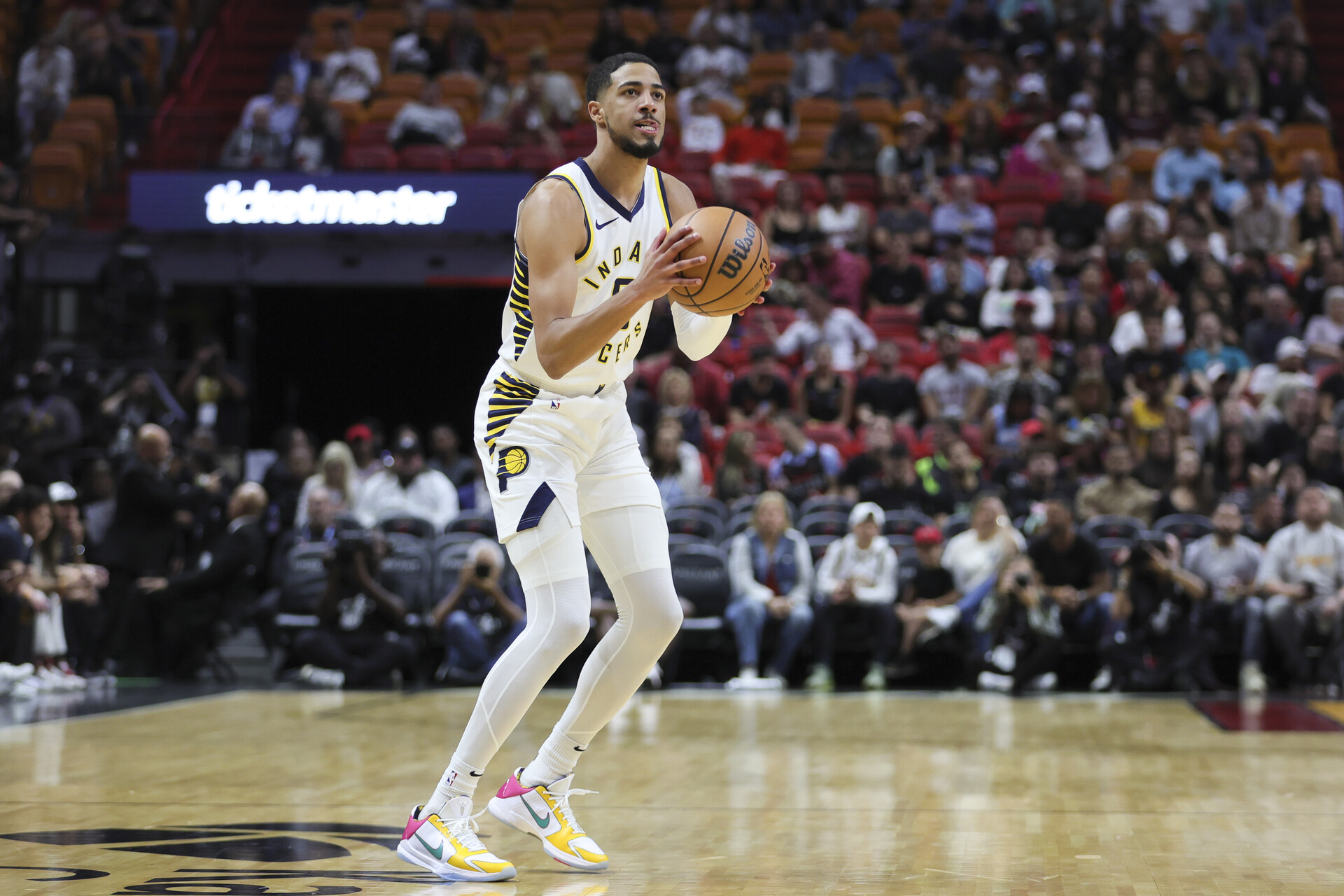 Nov 30, 2023; Miami, Florida, USA; Indiana Pacers guard Tyrese Haliburton (0) shoots the basketball against the Miami Heat during the first quarter at Kaseya Center.