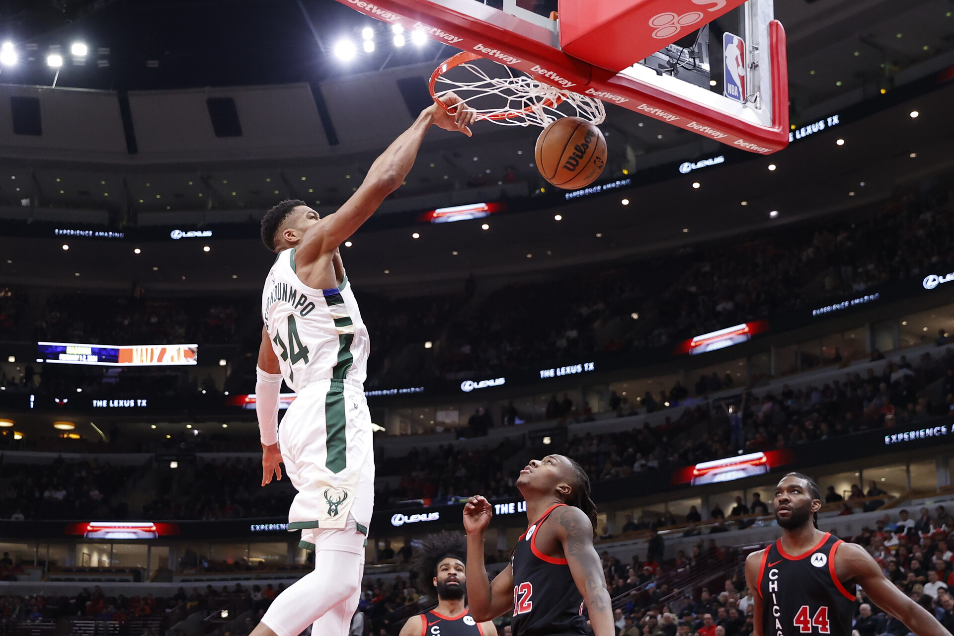 Nov 30, 2023; Chicago, Illinois, USA; Milwaukee Bucks forward Giannis Antetokounmpo (34) dunks the ball against the Chicago Bulls during the first half at United Center.