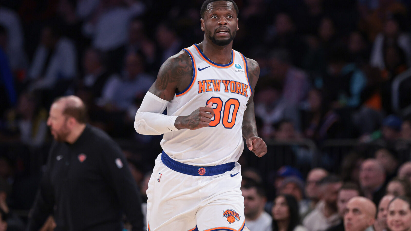 Nov 30, 2023; New York, New York, USA; New York Knicks forward Julius Randle (30) runs up court after a basket against the Detroit Pistons during the second half at Madison Square Garden.
